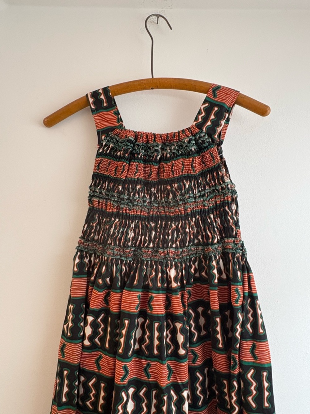 Smocked Bodice African Wax Print Maxi Dress in Rust, Green and Black - Picture 2 of 4